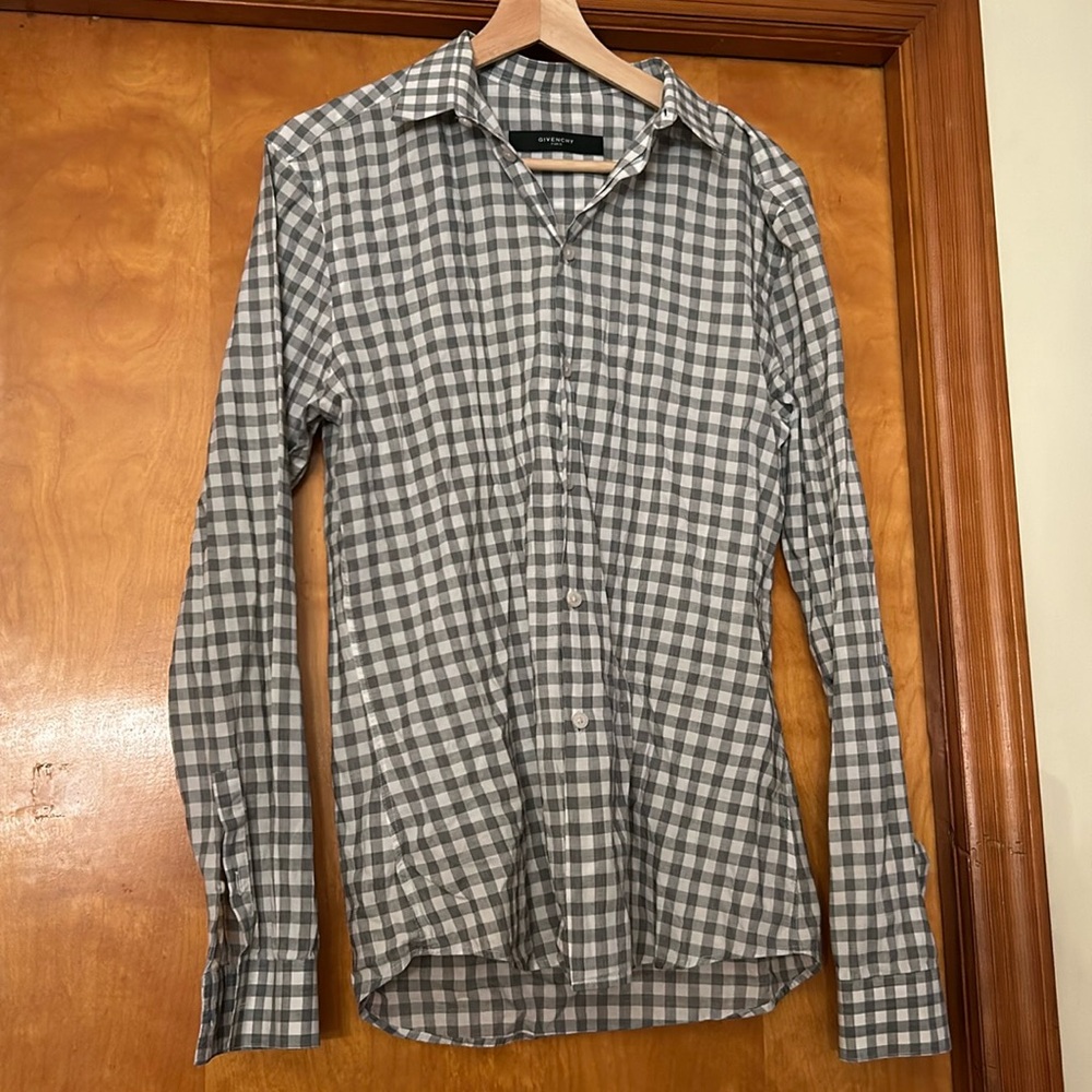 Givenchy Men’s Classic Gray Checkered Button Down Dress Shirt